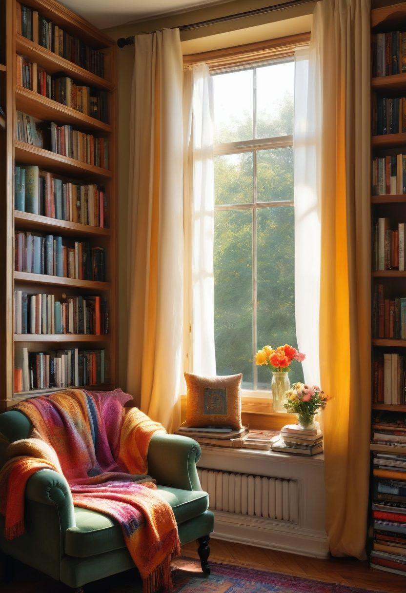 A cozy reading nook filled with overflowing bookshelves, a plush armchair draped with a colorful blanket, and a warm cup of tea on a wooden side table. Radiant sunlight filters through a window adorned with soft curtains, illuminating a scattered collection of diverse novels and classic literature. Flowers in a vase add a touch of warmth and love to the scene. super-realistic. warm colors. inviting atmosphere.