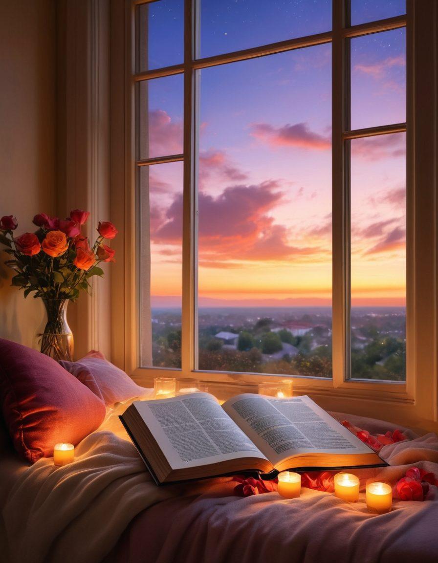 A cozy reading nook adorned with plush cushions and a warm blanket, softly illuminated by fairy lights. In the foreground, an open book with pages fluttering, surrounded by scattered rose petals and a steaming cup of tea. A blurred background featuring a stack of romantic novels and a window with a view of a sunset sky, evoking a sense of warmth and intimacy. vibrant colors. super-realistic. cozy atmosphere.