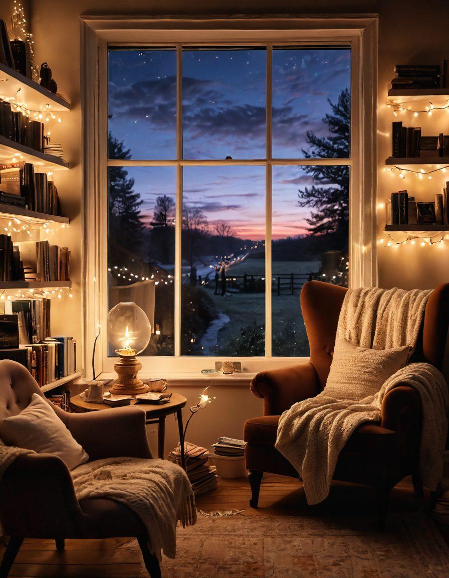 A cozy reading nook featuring an inviting armchair with a warm blanket draped over it, surrounded by stacks of classic romantic novels. Soft, glowing fairy lights twinkle above, and a steaming cup of tea rests on a side table. There's a window showing a serene twilight outside with a silhouette of a couple holding hands in the background. Inviting and warm atmosphere. super-realistic. vibrant colors. cozy ambiance.